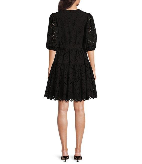 Gibson & Latimer Eyelet Split Round Neck Elbow Puff Sleeve Button Down Belted Scallop Hem Pocketed A-Line Dress Product Image