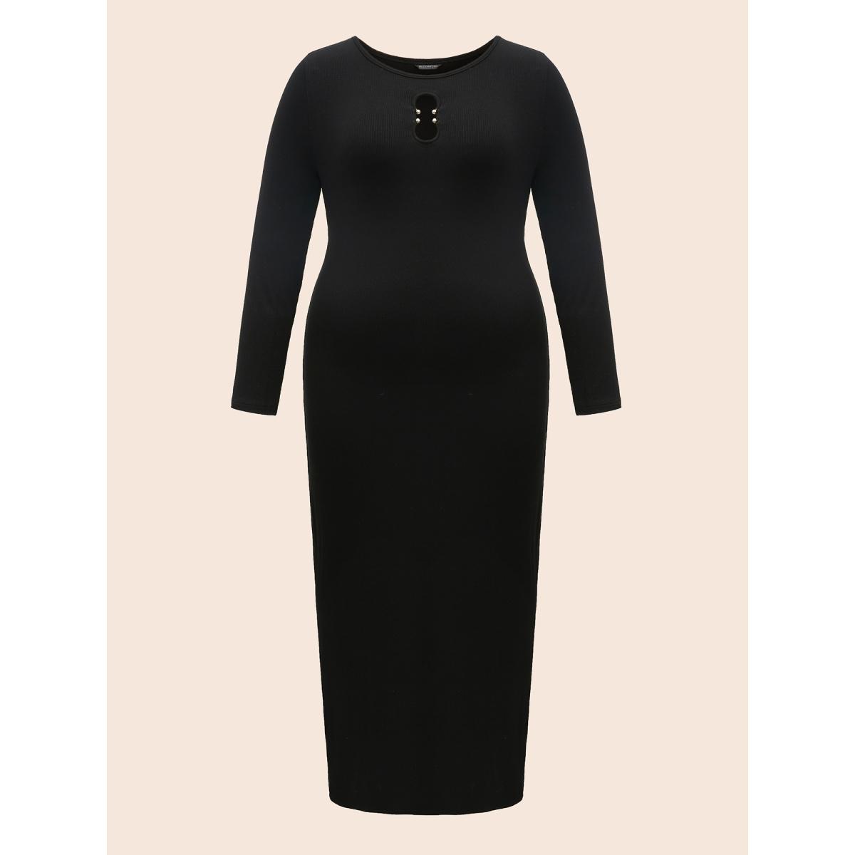 Plus Size Metal Detail Keyhole Split Hem Dress Black Women Elegant Texture Boat Neck Long Sleeve Curvy BloomChic 22-24/3X Product Image