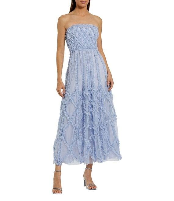 Mac Duggal Strapless Dotted Mesh A-Line Micro Ruffle Midi Dress Product Image