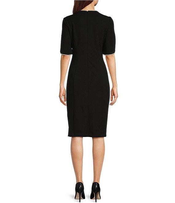 Adrianna Papell Stretch Crepe Crew Neck Short Sleeve Pearl Trim Knee Length Sheath Dress Product Image
