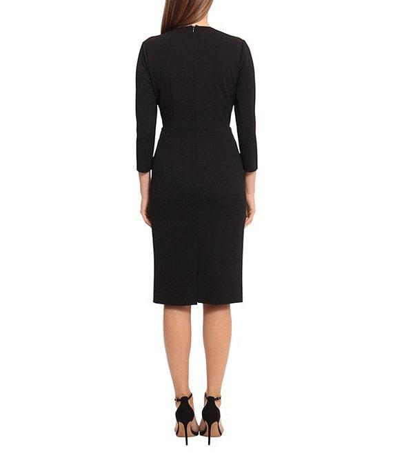 Maggy London Stretch V-Neck 3/4 Sleeve Belted Waist Ruched Sheath Dress Product Image