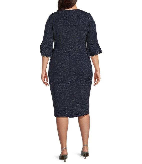 Le Bos Plus Size Glitter Knit 3/4 Bell Sleeve Faux Wrap Dress Product Image