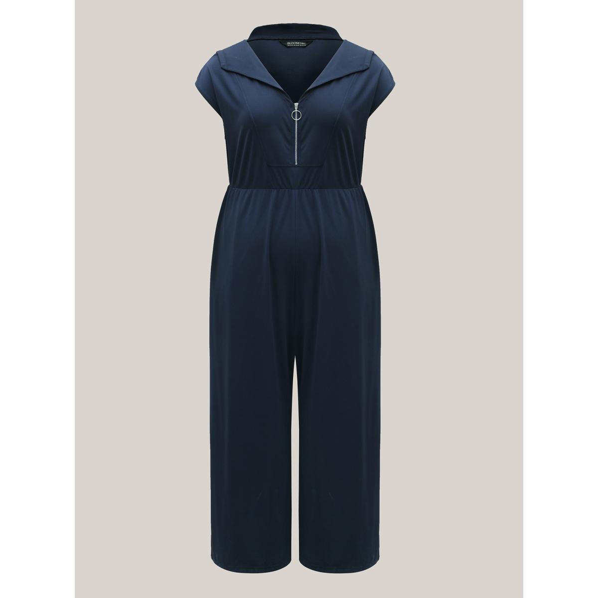 Plus Size Navy Zipper Front Pockets Collar Jumpsuit Women Cap Sleeve V-neck Everyday-Casual Loose Jumpsuits BloomChic 30/6X Product Image