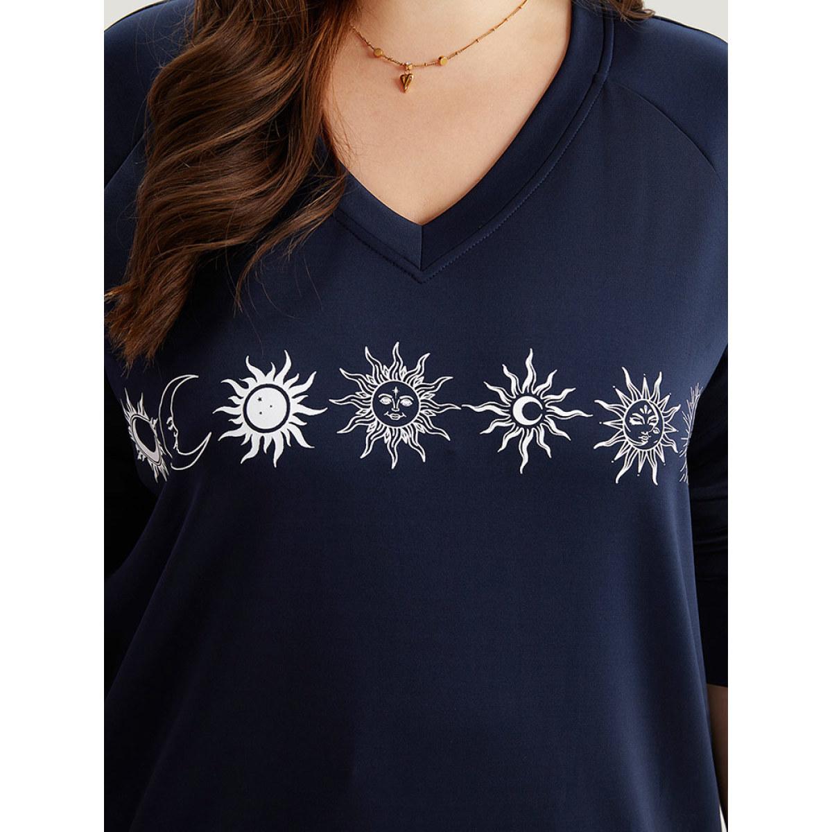 Plus Size Moon & Star Print V Neck Sweatshirt Women Indigo Casual Printed Everyday Sweatshirts BloomChic 28/5X Product Image