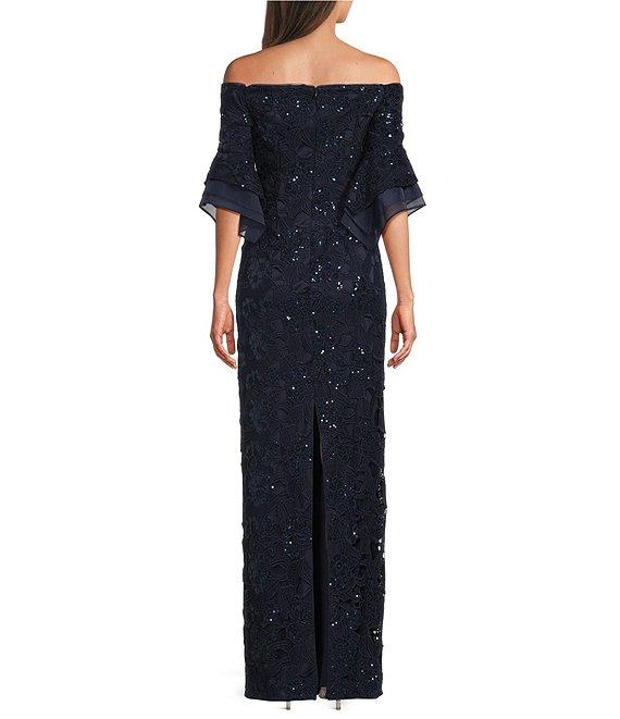 Adrianna Papell Sequin Lace Off-The-Shoulder Neck 3/4 Flutter Sleeve Column Gown Product Image