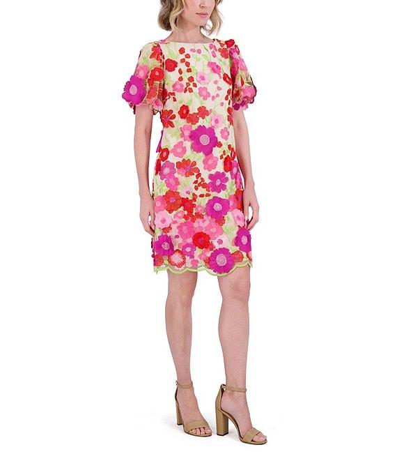 Eliza J 3D Embroidered Floral Mesh Boat Neck Short Sleeve Sheath Mini Dress Product Image