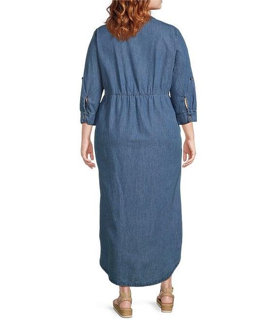 Westbound Plus Size 3/4 Rolled Sleeve Y-Neck Button-Front Maxi Shirt Dress Product Image