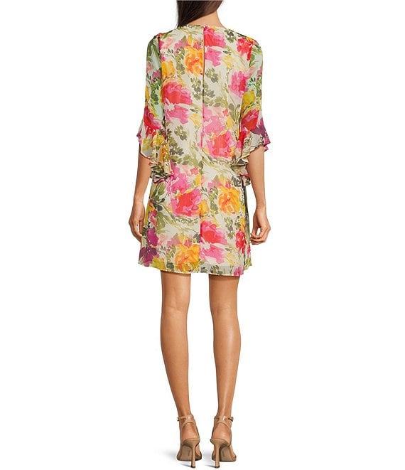 Calvin Klein 3/4 Angel Sleeve V-Neck Floral Chiffon Dress Product Image