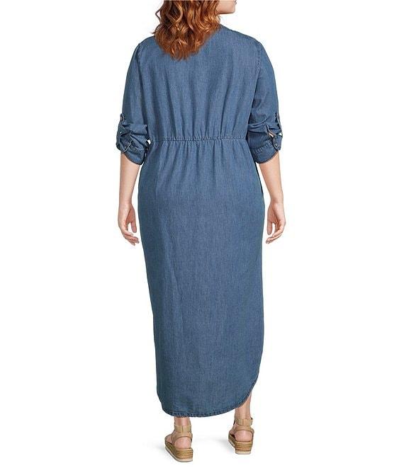 Westbound Plus Size 3/4 Rolled Sleeve Y-Neck Button-Front Maxi Shirt Dress Product Image