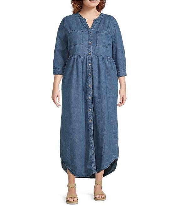 Westbound Plus Size 3/4 Rolled Sleeve Y-Neck Button-Front Maxi Shirt Dress Product Image