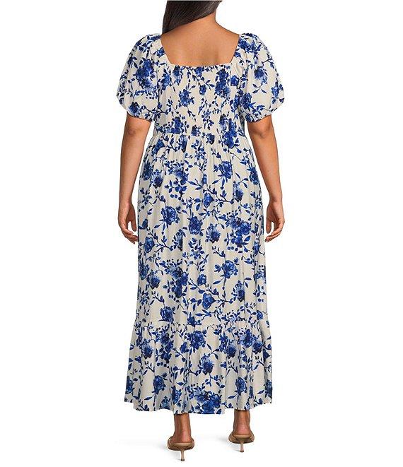 Skies Are Blue Plus Size Floral Ikat Balloon Sleeve Maxi Dress Product Image