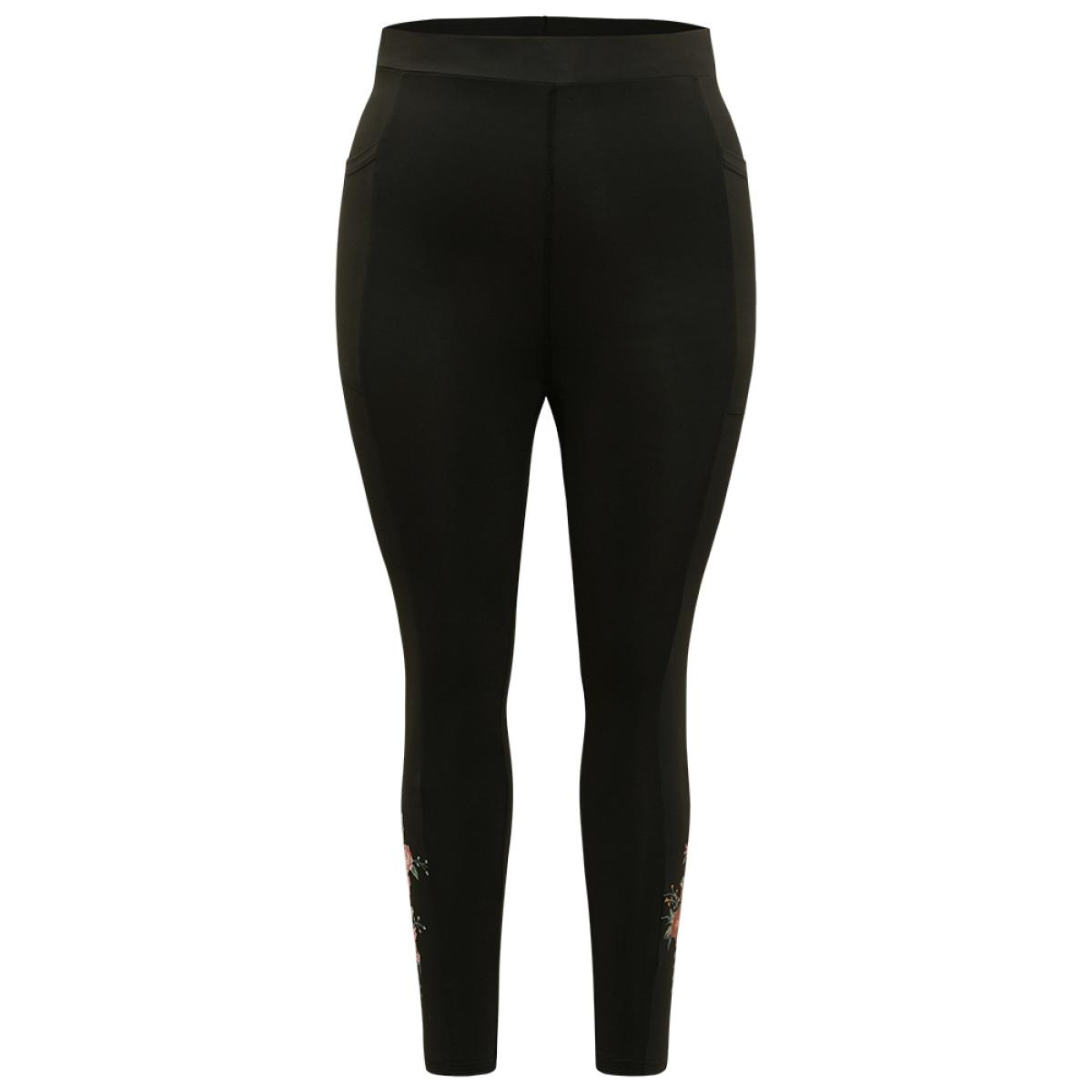 Plus Size Plain Pocket Wideband Waist Floral Print Leggings Women Black Elegant High stretch Skinny High Rise Dailywear Leggings BloomChic 14-16/1X Product Image