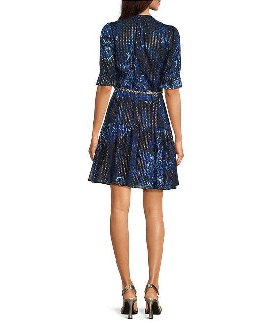 KARL LAGERFELD PARIS Printed Lurex V-Neck 3/4 Sleeve Button Down Belted Dress Product Image