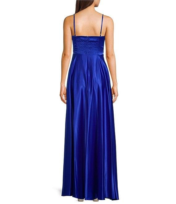 Next Up V-Neck Spaghetti Strap Pleated Bust Front Slit Dress Product Image