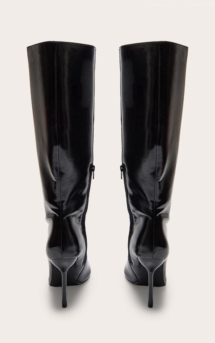 Black PU Point Toe Knee High Stiletto Heeled Boots Product Image