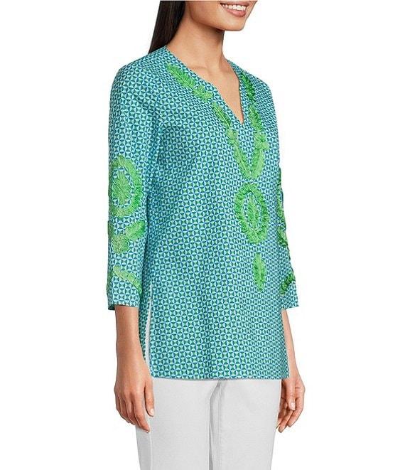 Calessa Petite Size Embroidered Retro Printed Split V-Neck 3/4 Sleeve Tunic Product Image