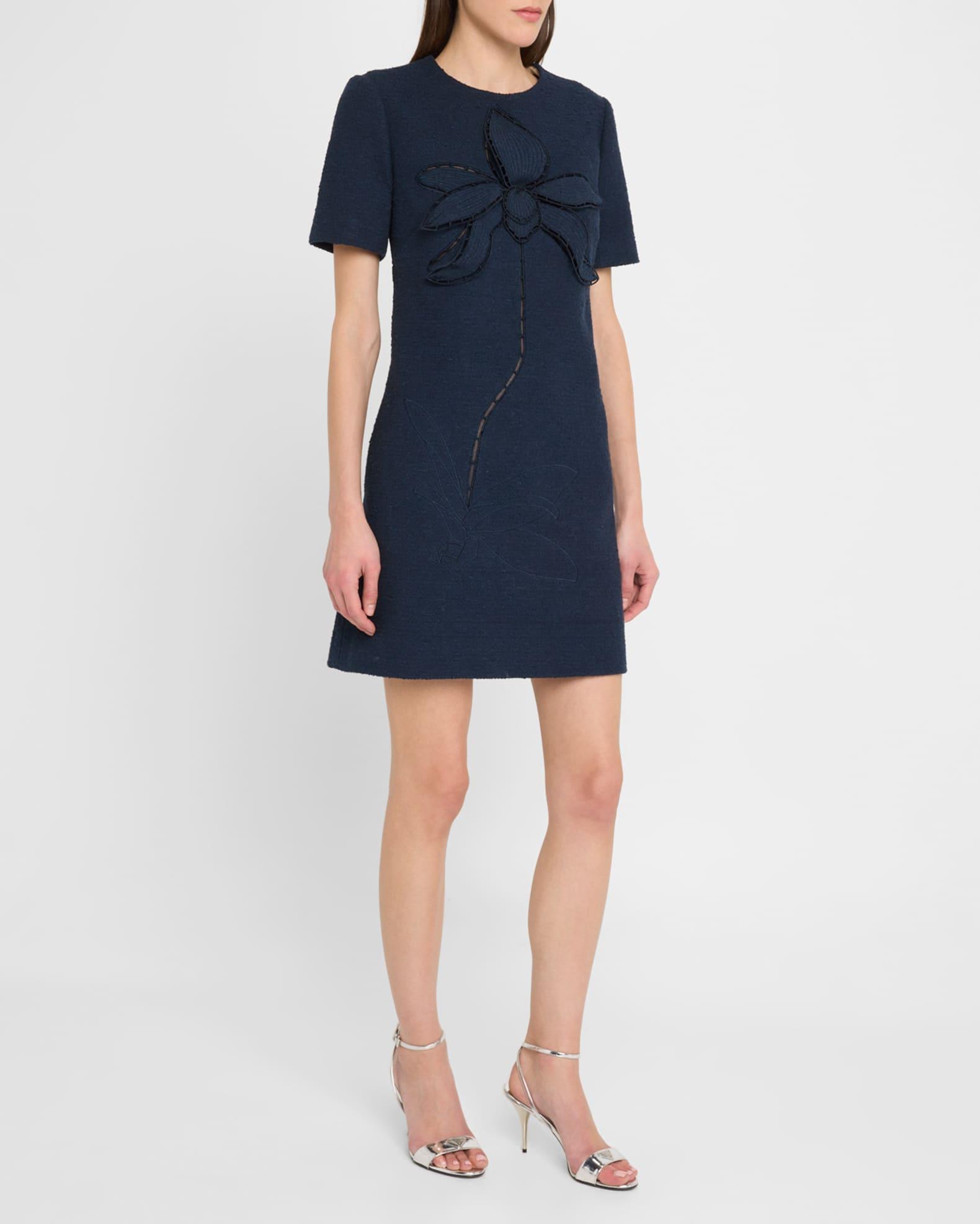 Floral Embroidered Short Cotton Tweed Shift Dress Product Image