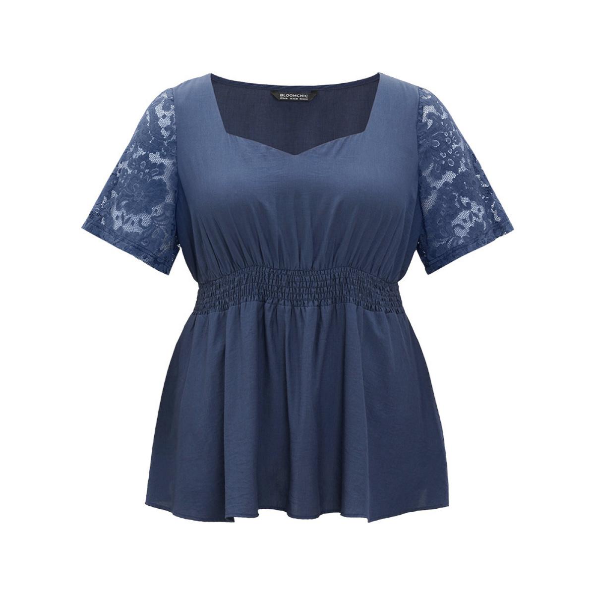 Plus Size Indigo Supersoft Essentials Crochet Lace Mesh Shirred Ruffle Hem Gathered Blouse Women Elegant Short sleeve Square Neck Dailywear Blouses BloomChic 14-16/1X Product Image