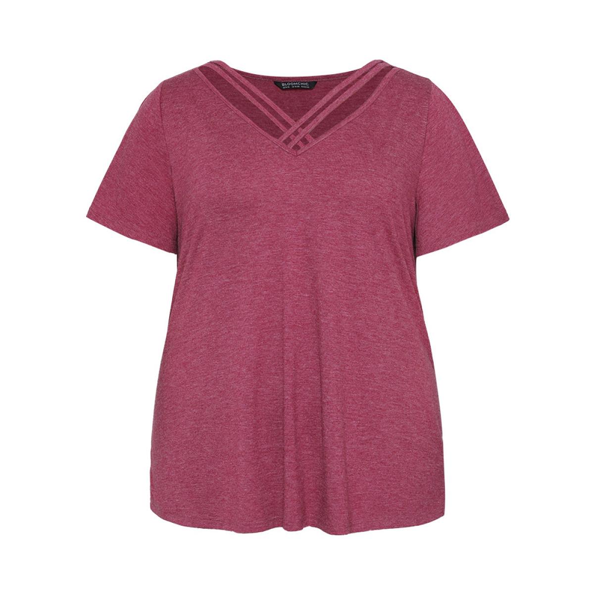 Plus Size Plain Ruffle Sleeve Heather Crisscross Neck T-shirt RedViolet Women Casual Heather Plain V-neck Dailywear T-shirts BloomChic 26/4X Product Image
