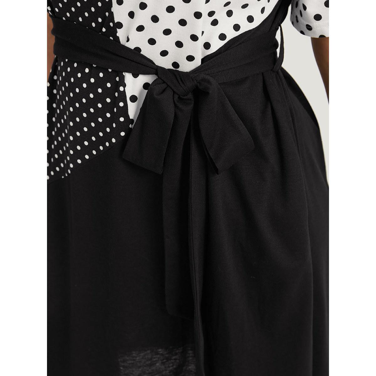 Plus Size Supersoft Essentials Polka Dot Pocket Patchwork Belted Dress Black Women Casual Belted Round Neck Short sleeve Curvy Midi Dress BloomChic 14-16/1X Product Image