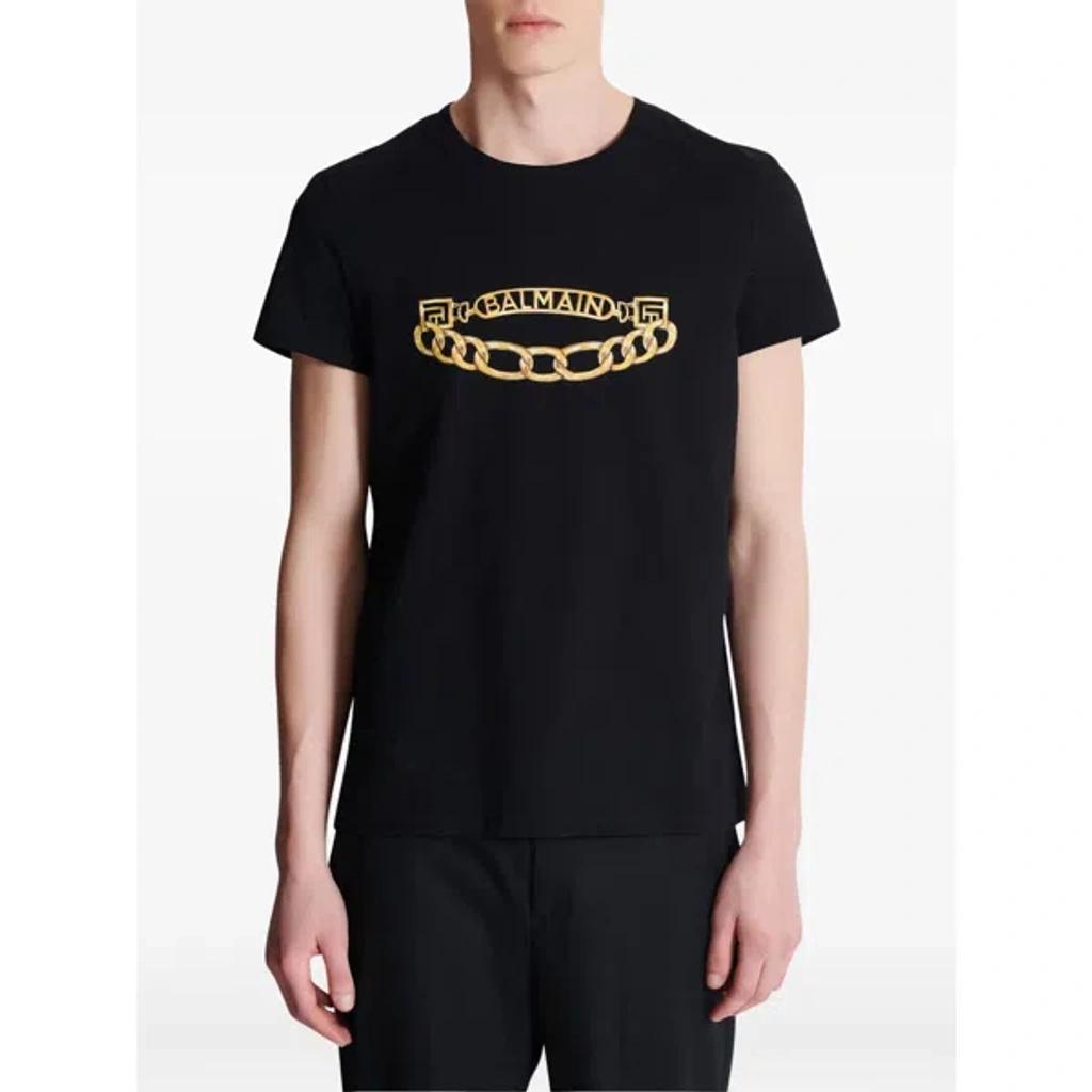 BALMAIN Black Crewneck T-shirt With Logo Print On The Front In Cotton Man Product Image