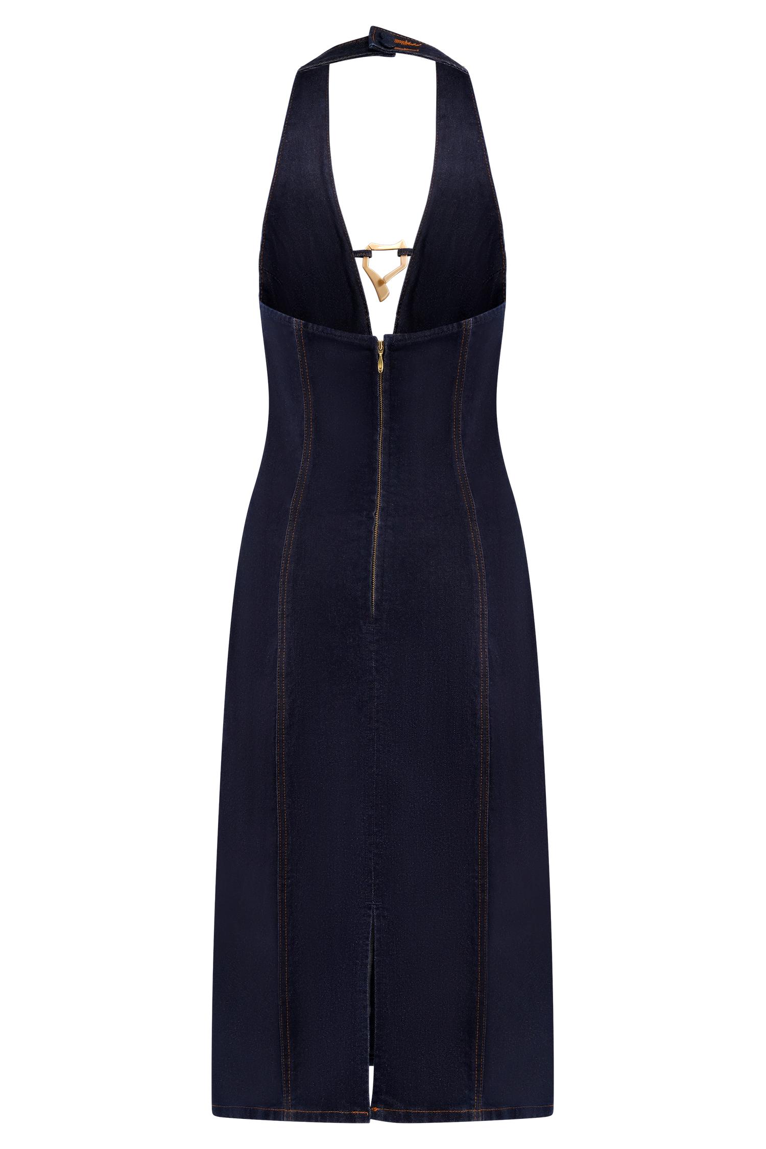 Shauna Denim Halter Midi Dress - Indigo Blue Product Image