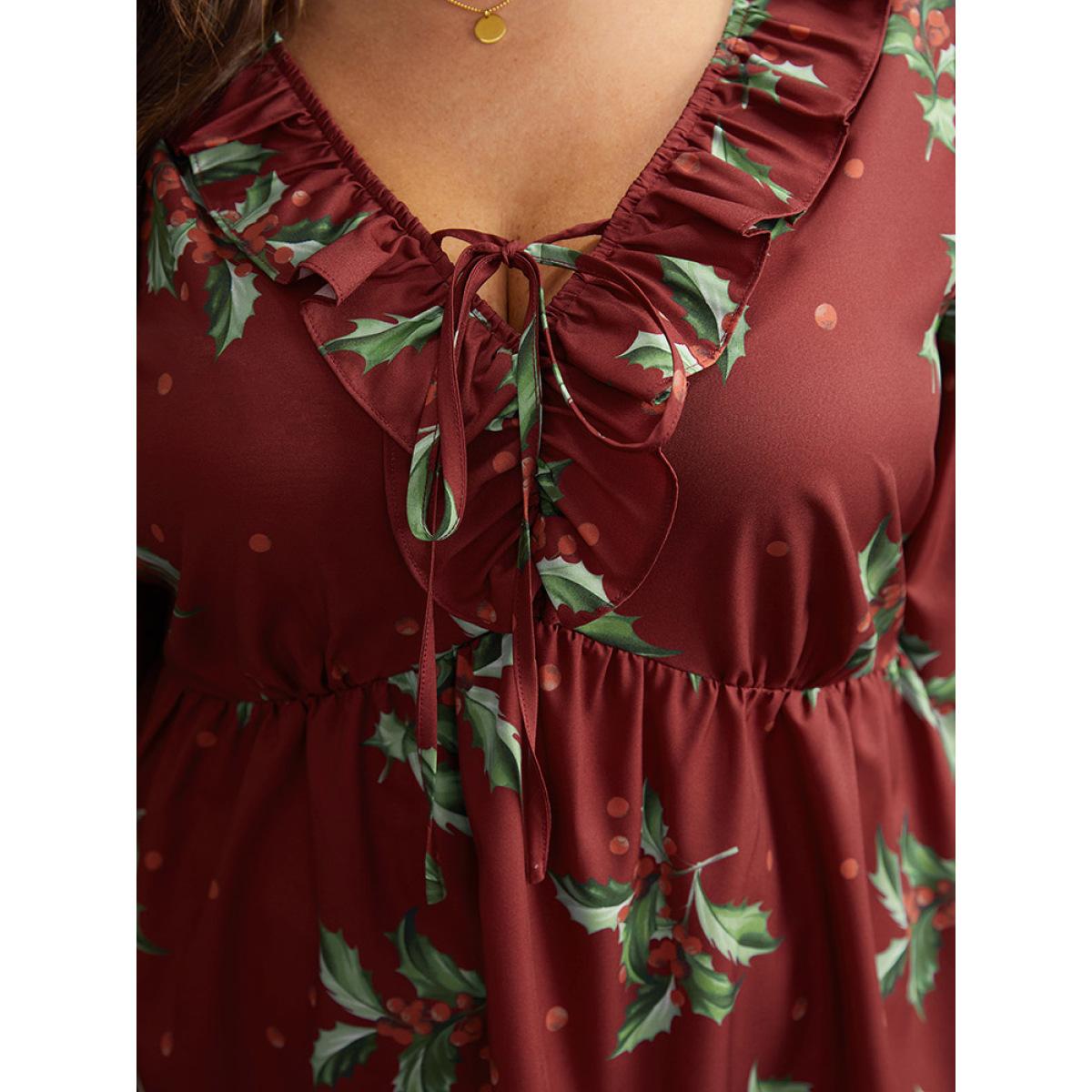 Plus Size Scarlet Plants Print Knot Neck Flutter Trim Blouse Women Elegant Long Sleeve V-neck Festival-Christmas Blouses BloomChic 22-24/3X Product Image