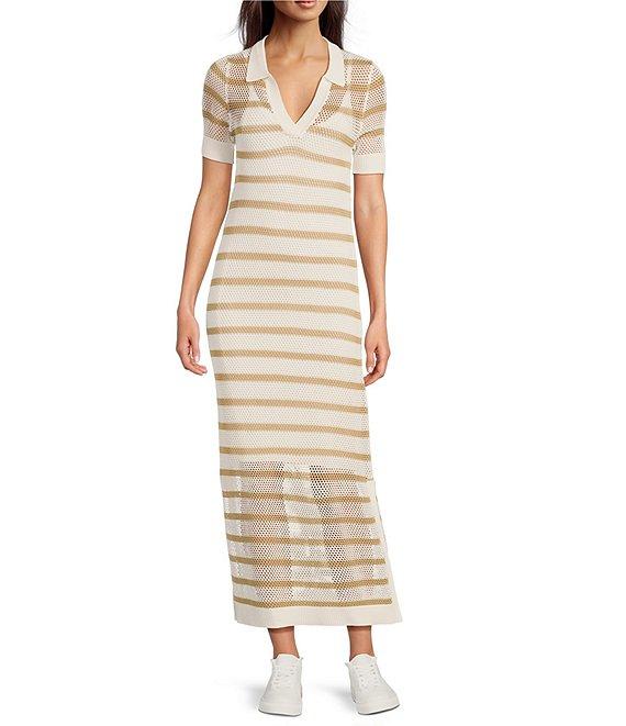 Le' AL.X Stripe Knit Wide Mesh Polo Collar V-Neck Short Sleeve Sheath Maxi Dress Product Image