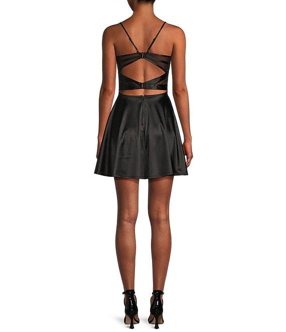 Honey and Rosie Sateen V-Neck Spaghetti Strap Fit & Flare Dress Product Image