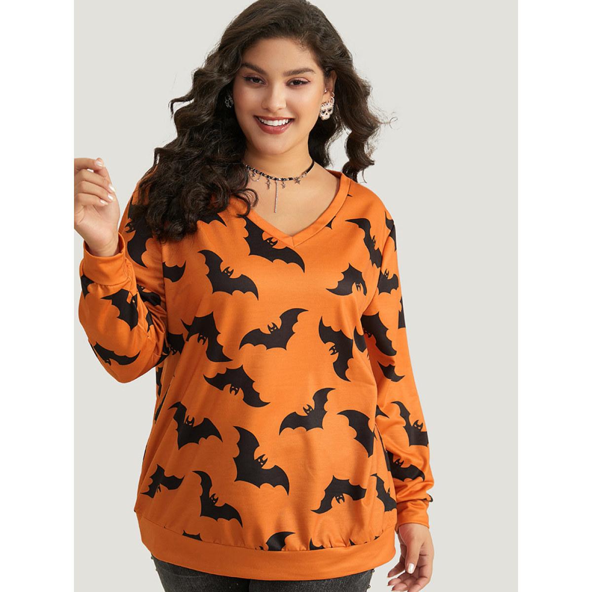 Plus Size Halloween Bat Print V Neck Sweatshirt Women OrangeRed Casual Elastic cuffs V-neck Festival-Halloween Sweatshirts BloomChic 10/M Product Image