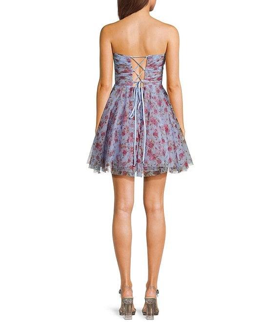 Pear Culture Floral Printed Mesh Strapless Corset Fit & Flare Dress Product Image