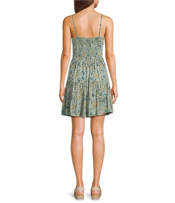 Angie Ditsy Floral V-Neck Spaghetti Strap Twist Front Keyhole Tiered Dress Product Image