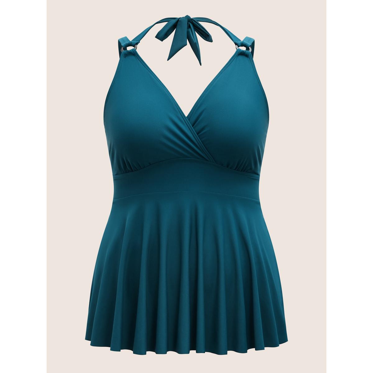 Plus Size Plain Cut Out Gathered Tie Knot Swim Top Women's Swimwear Cyan Beach Tie knot High stretch Bodycon Overlap Collar Curve Swim Tops BloomChic 18-20/2X Product Image