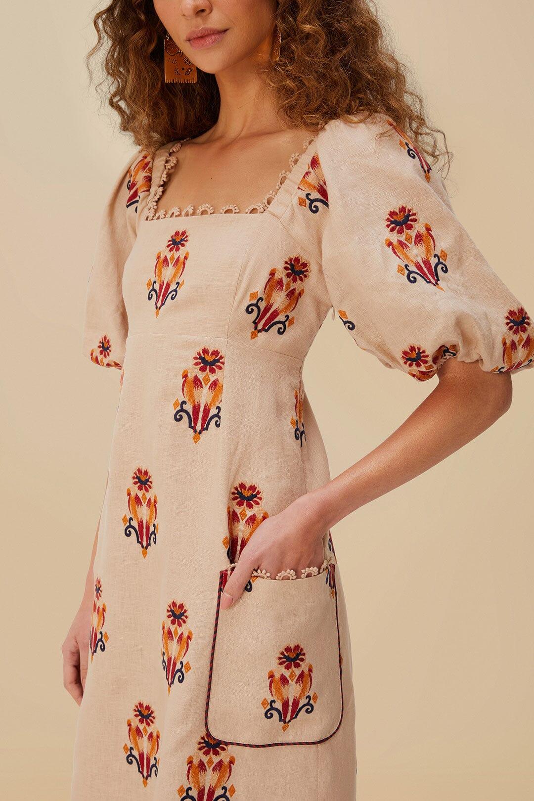 Rose Embroidered Macaw Euroflax™ Premium Linen Maxi Dress Product Image