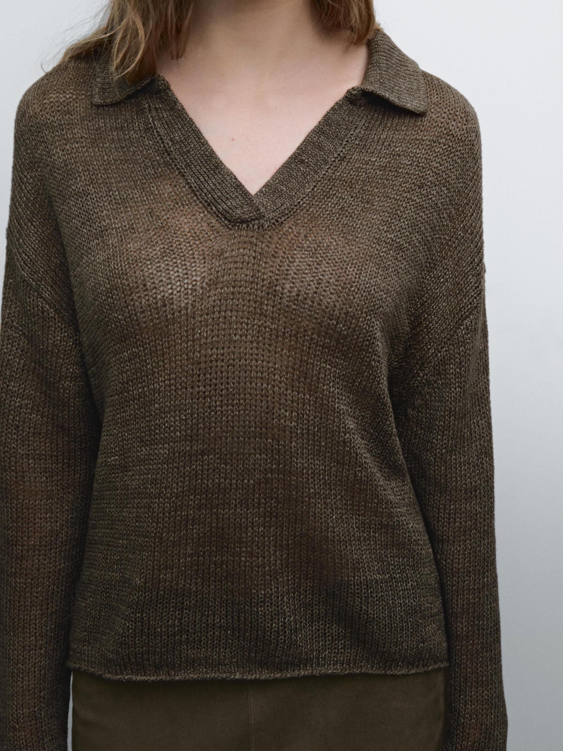 100% linen knit polo collar sweater Product Image