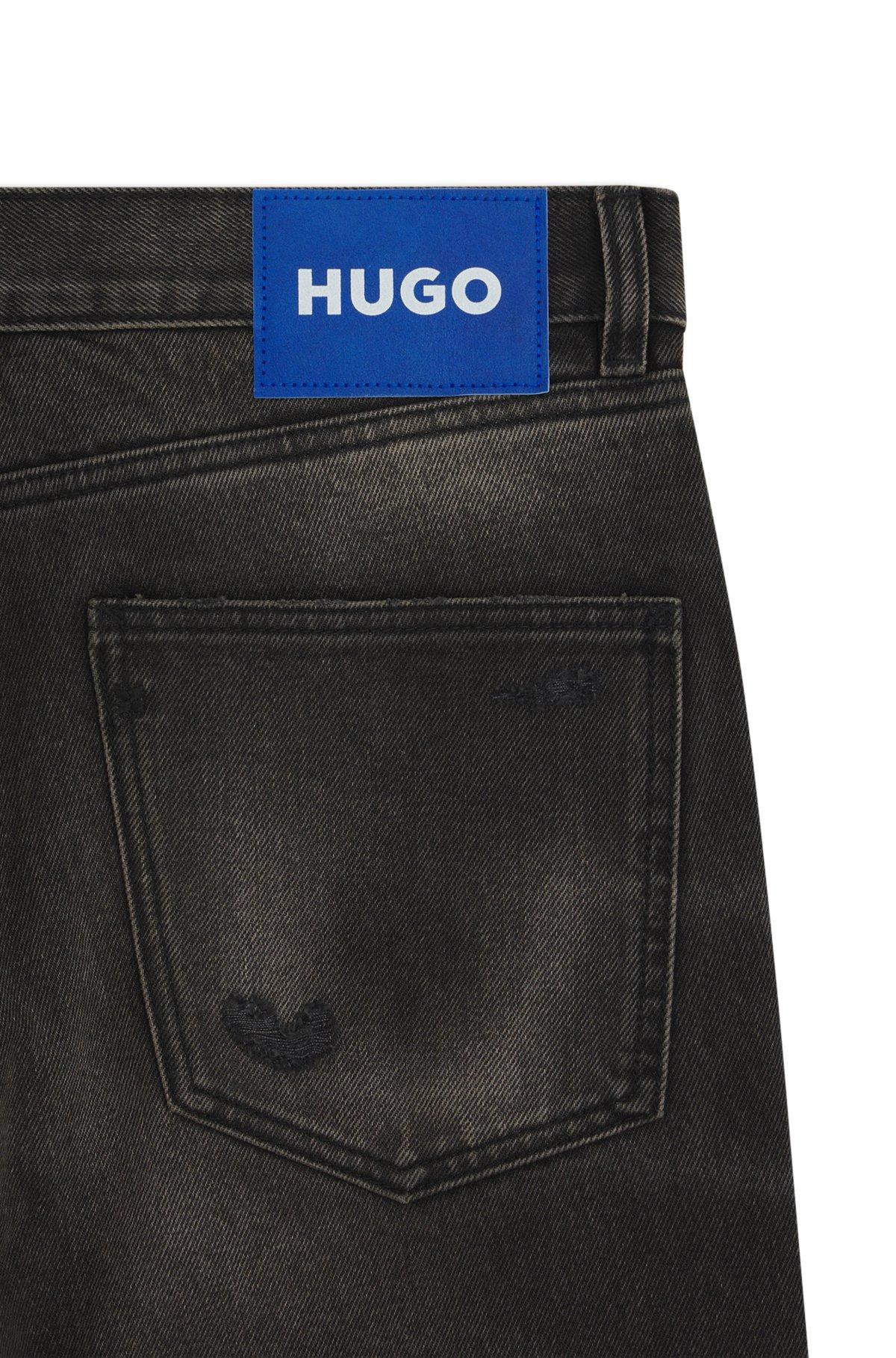 HUGO - Regular-fit jeans in distressed Candiani denim - Dark Grey Product Image