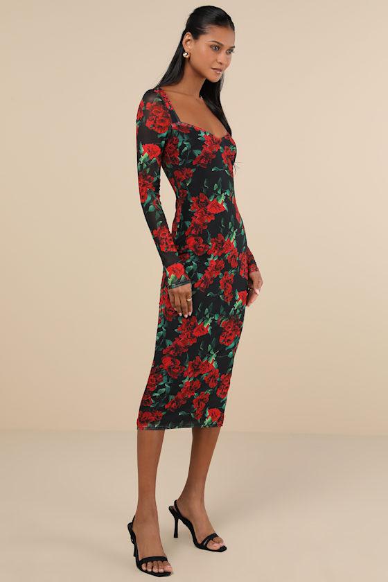 Sultry Marvel Black Floral Mesh Midi Dress Product Image