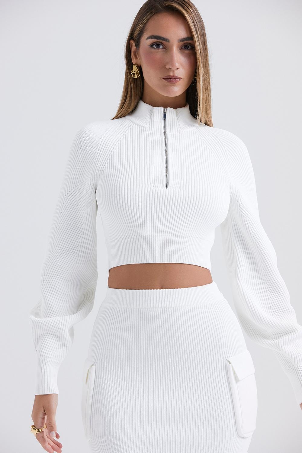 Reeva  white balloon sleeve ribbed sweater - sale Product Image
