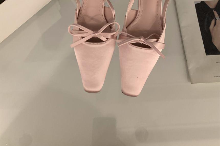 Square Toe Bow Slingback Satin Kitten Heel Pumps Product Image