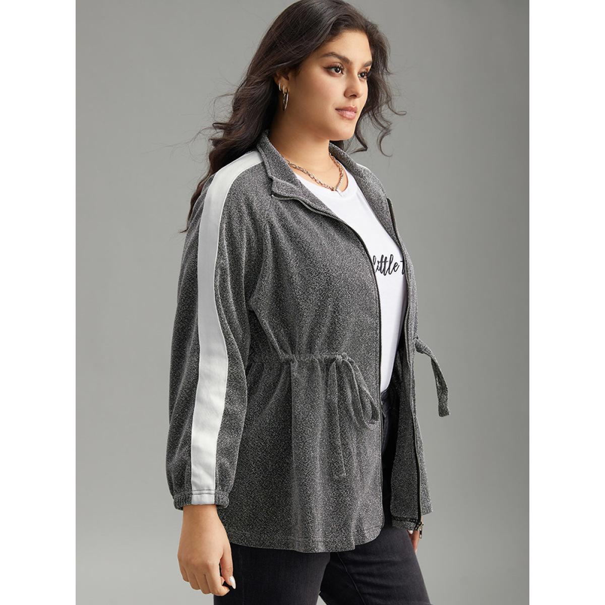 Plus Size Patchwork Contrast Trim Drawstring Zipper Jacket Women DimGray Contrast Dailywear Jackets BloomChic 10/M Product Image