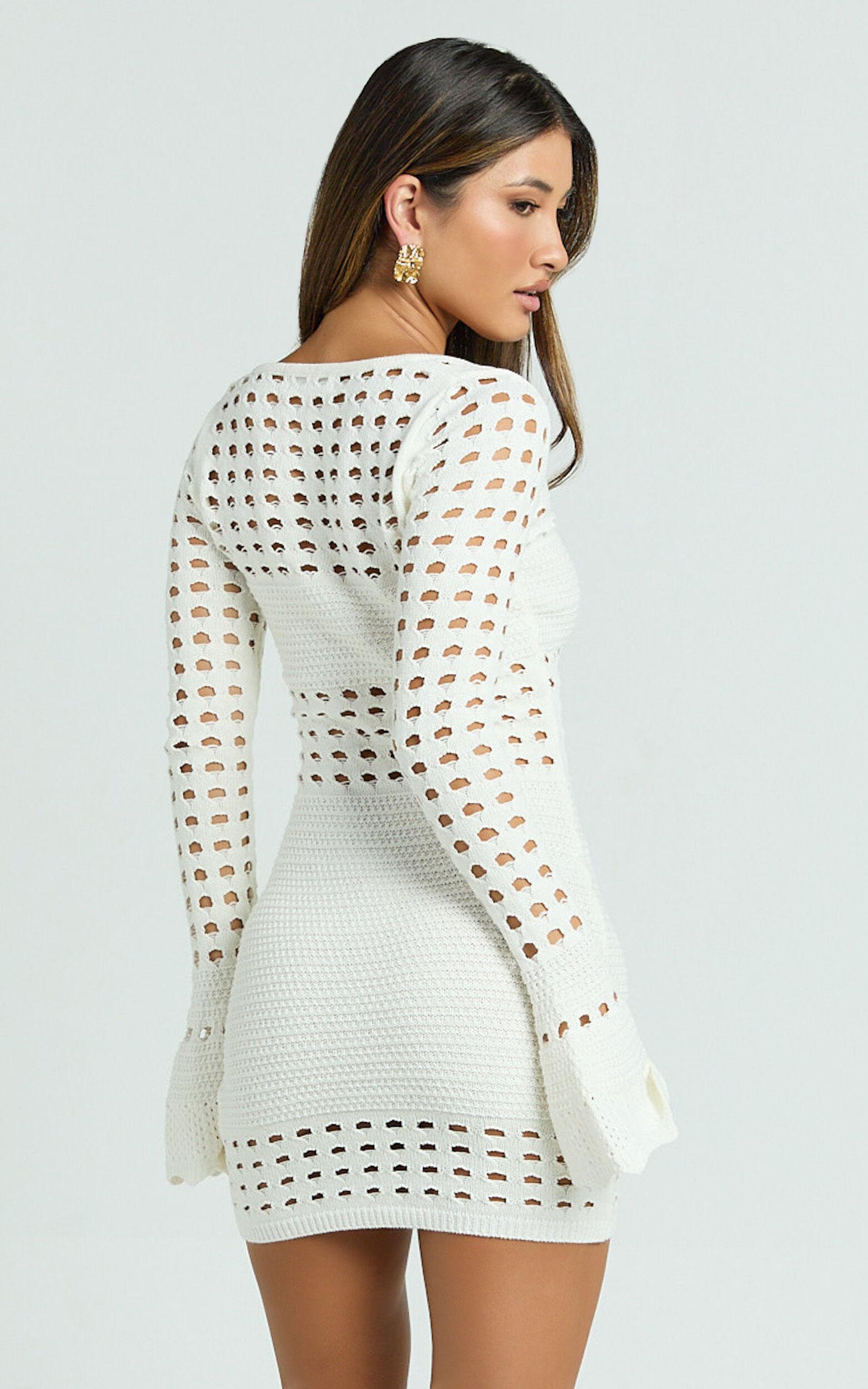 Karly Mini Dress - Crochet Knit Long Sleeve Dress in Ivory Product Image