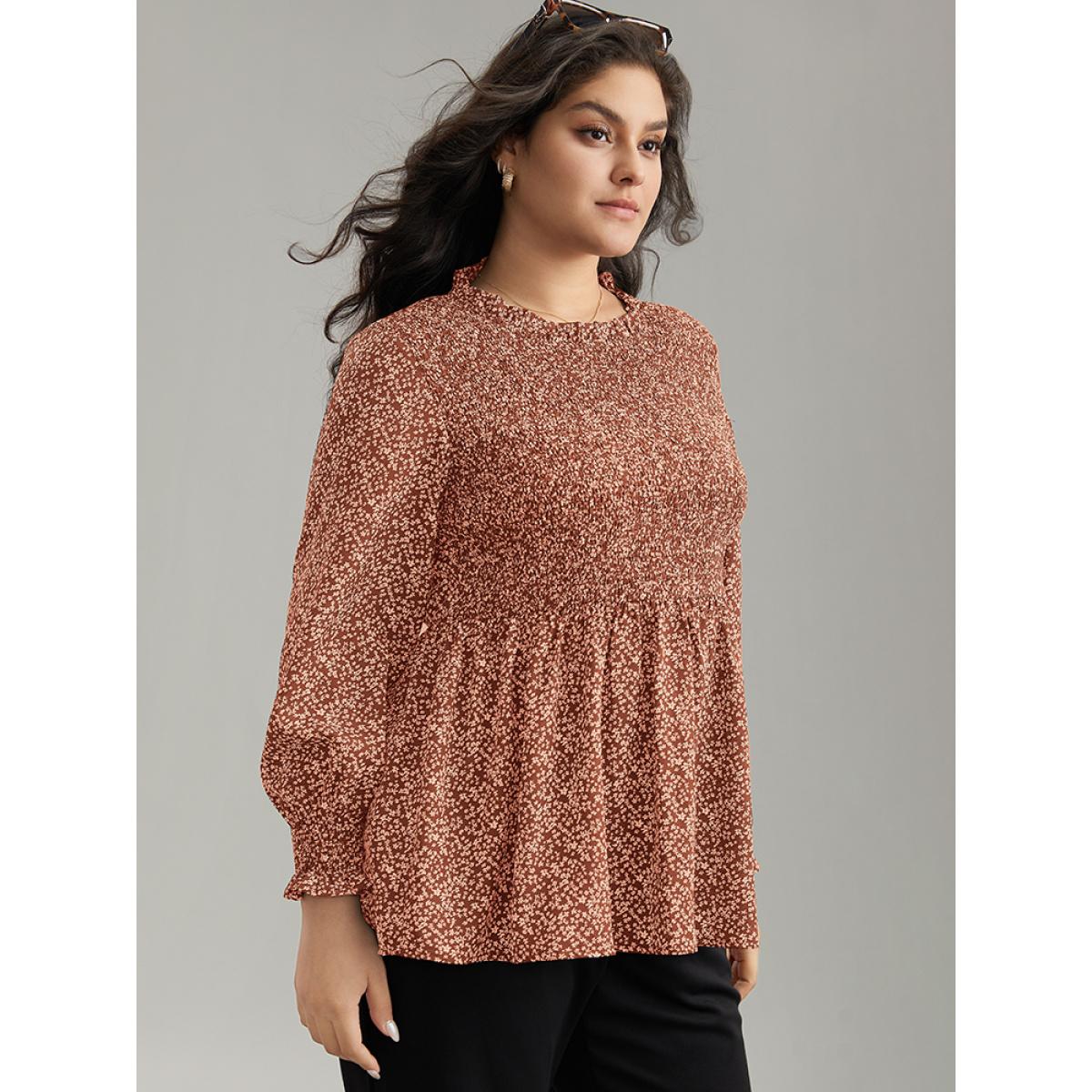 Plus Size Rust Ditsy Floral Stand Collar Shirred Frill Trim Blouse Women Elegant Long Sleeve Stand-up collar Dailywear Blouses BloomChic 12/L Product Image