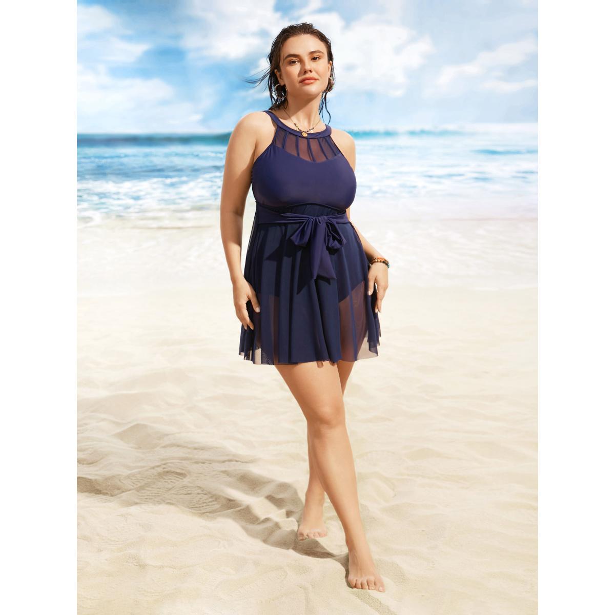 Plus Size Halter Neck Ties Mesh Patchwork Swim Dress Women's Swimwear Indigo Beach Bodycon Halter neck High stretch Curve Swim Dresses BloomChic 28/5X Product Image