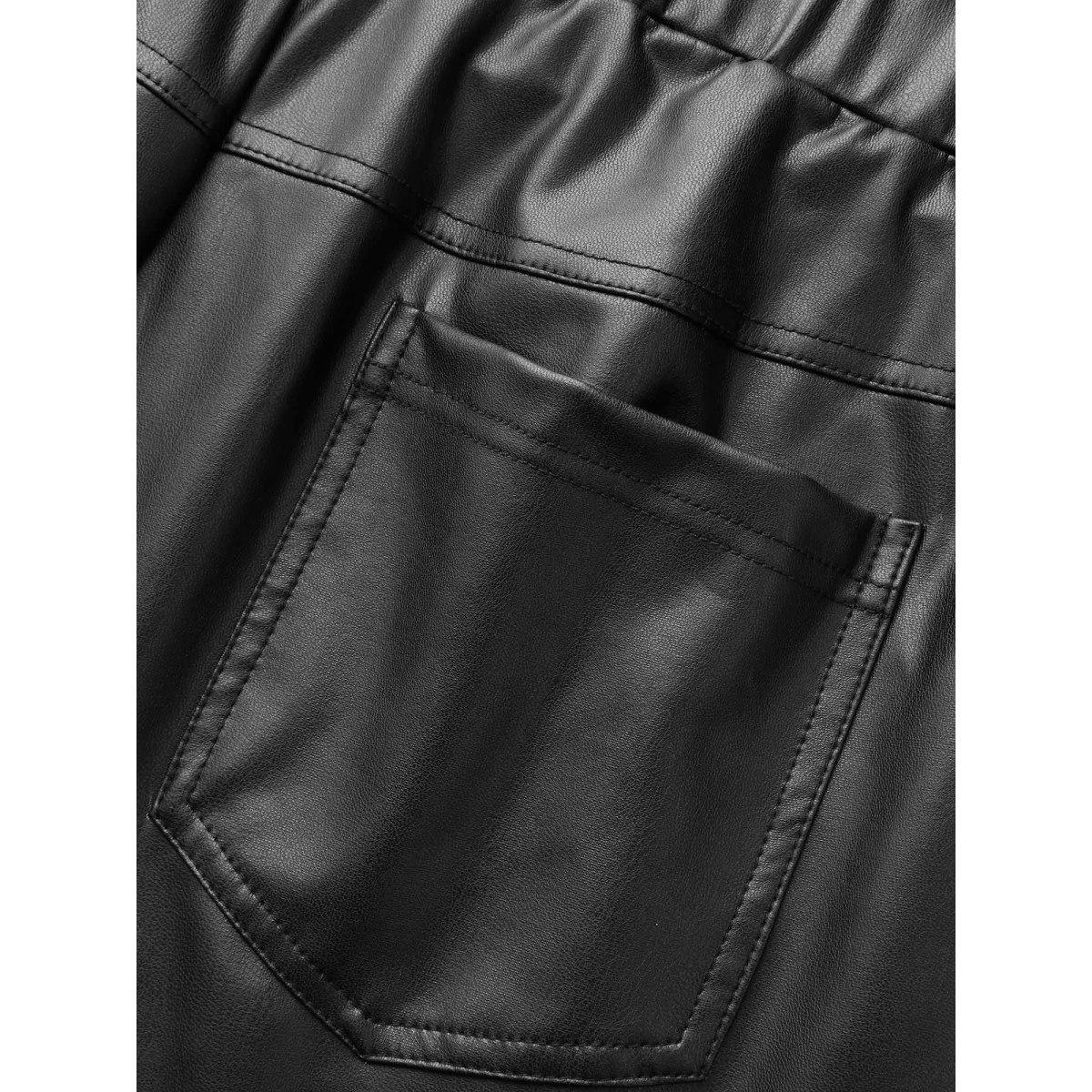 Plus Size PU Leather Button Detail Mid Rise Pants Women Black Casual Skinny Mid Rise Everyday Pants BloomChic 14-16/1X Product Image