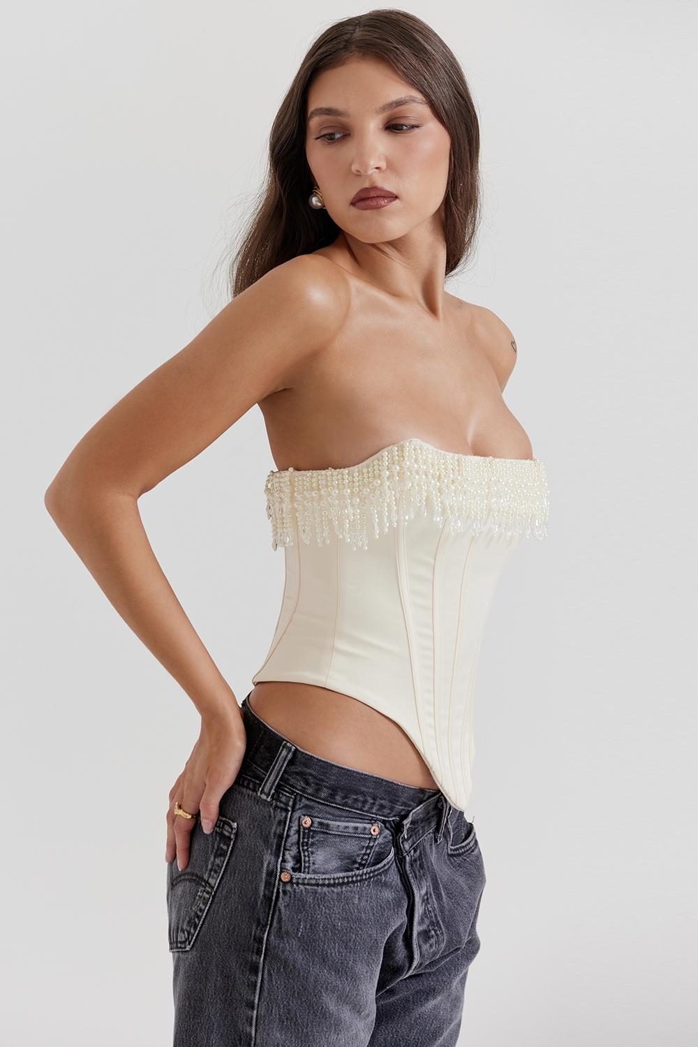 Aubrie  vintage cream embellished satin corset Product Image