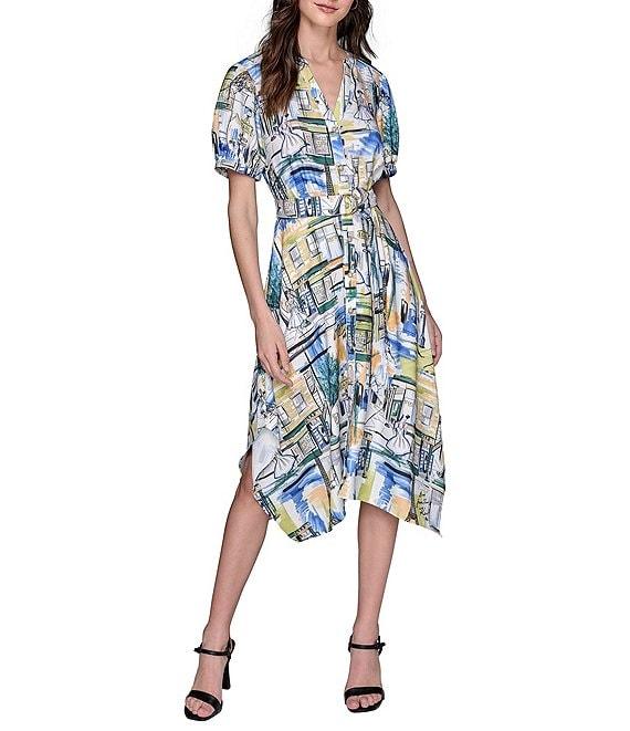 KARL LAGERFELD PARIS Handkerchief Hem Split V-Neckline Short Sleeve Button Front Shirt Midi Dress Product Image