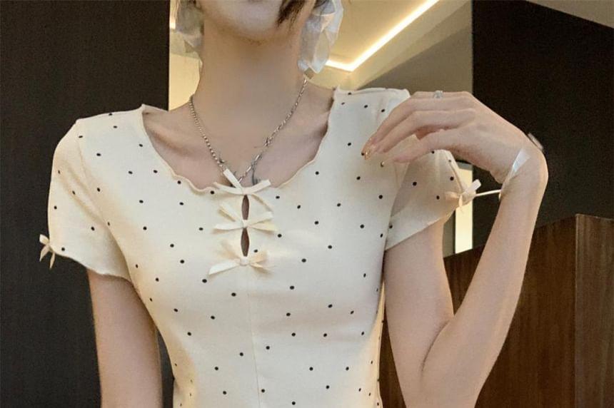 Short-Sleeve Scoop Neck Dotted Bow Accent Cutout Crop T-Shirt Product Image