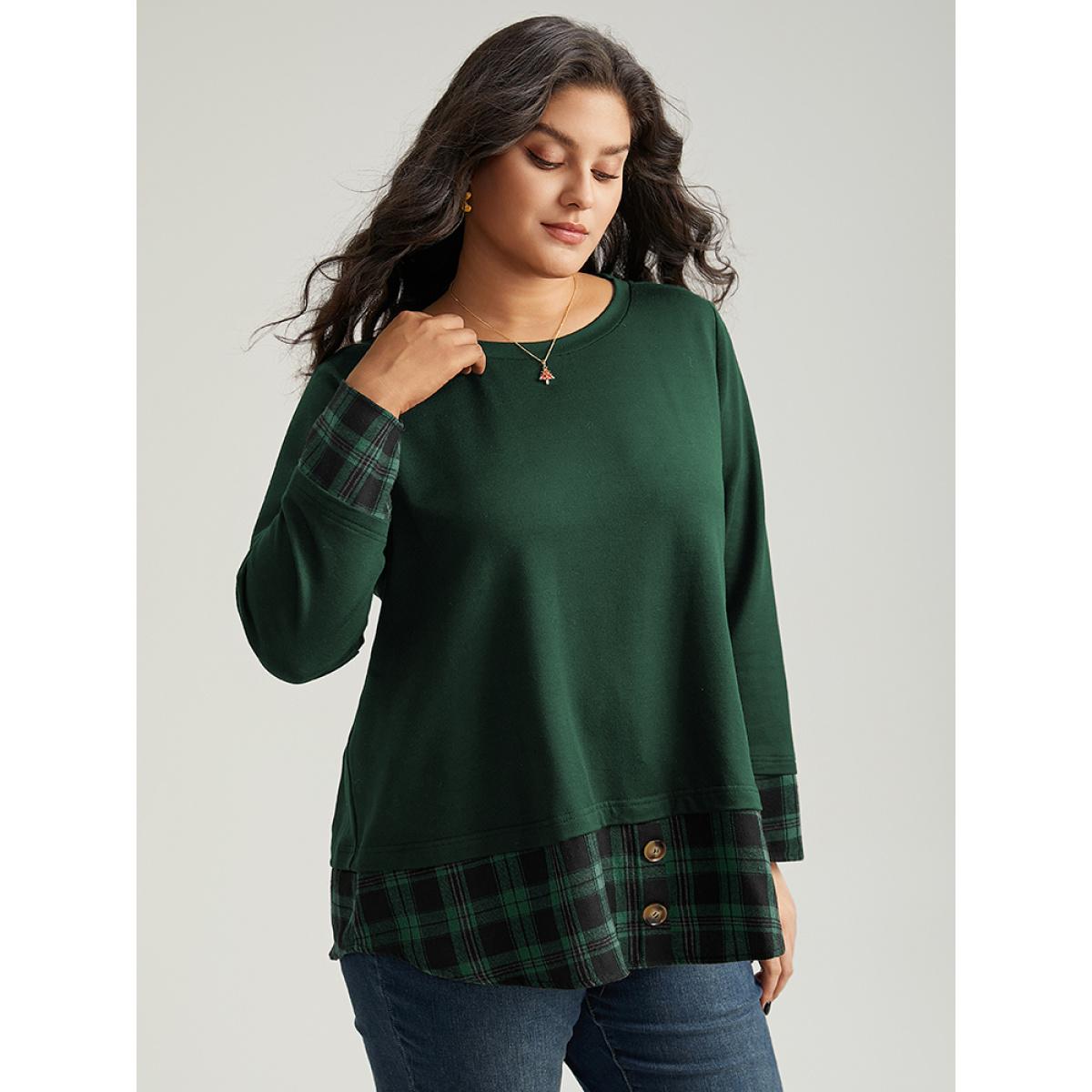 Plus Size Plaid Patchwork Button Detail Curved Hem Sweatshirt Women Green Casual Contrast Round Neck Festival-Christmas Sweatshirts BloomChic 26/4X Product Image