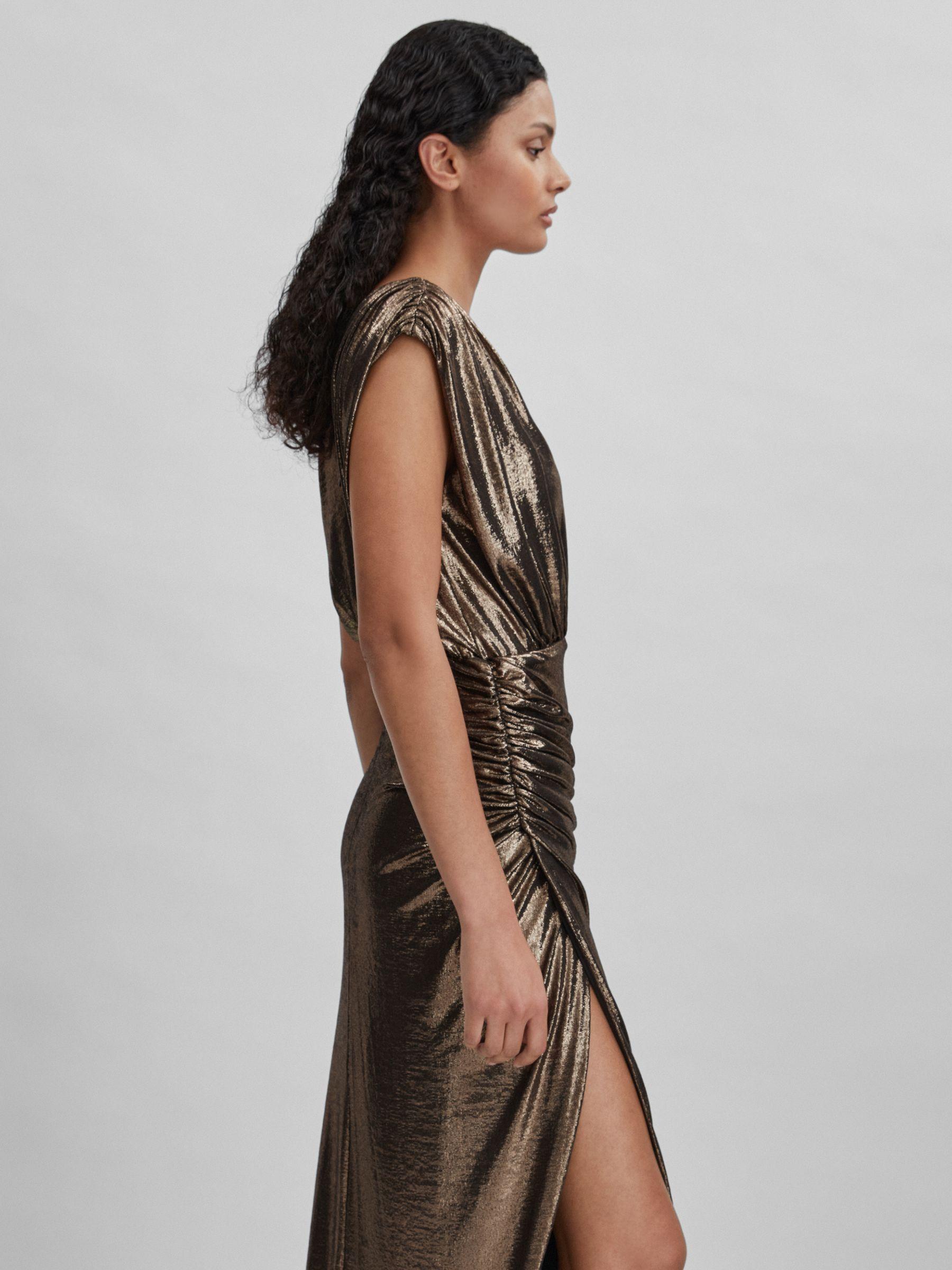 Halston Metallic Ruched Maxi Dress in Gold Product Image
