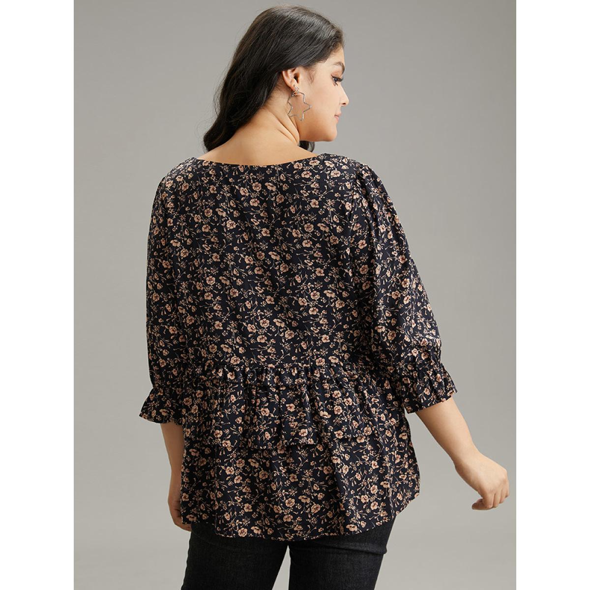 Plus Size Indigo Ditsy Floral Tiered Ruffles Gathered Blouse Women Elegant Elbow-length sleeve V-neck Dailywear Blouses BloomChic 18-20/2X Product Image